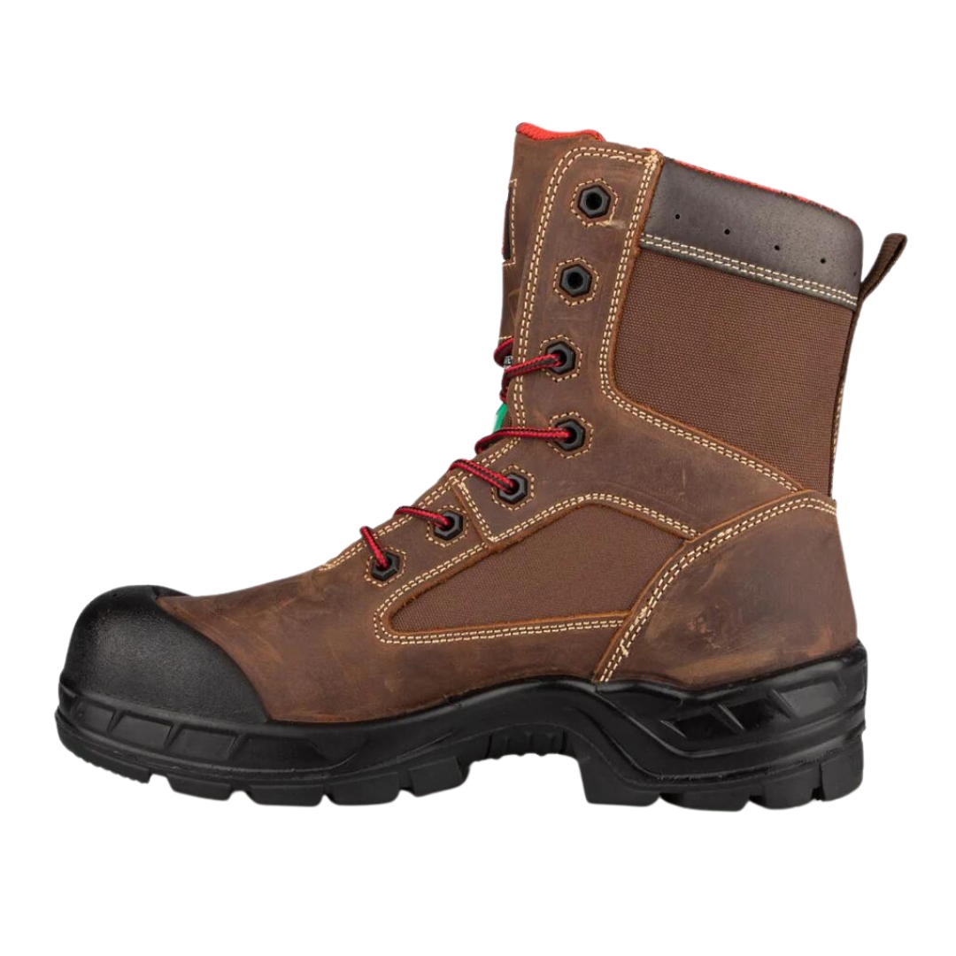 BOTTE DE SÉCURITÉ KINGTREADS WINNIPEG 8″ CSA POUR HOMME couleur brun vue de la botte droite de profil gauche corps de la botte brun, semelle d'usure noire, lacet rouge et noir, cuir lisse au col