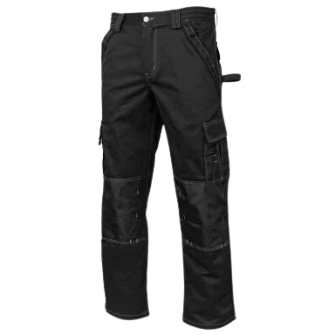 PANTALON DE TRAVAIL KINGTREADS IMPERMÉABLE POUR HOMME couleur noir vu de face pantalon entièrement noir, passant pour ceinture visibles, protection aux genoux visibles, les poches latérales et cargo visible ainsi que la sangle pour marteau