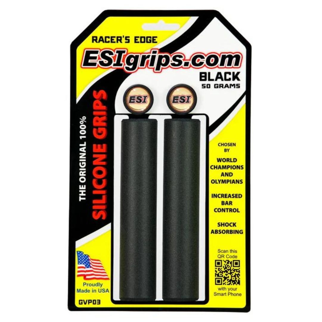 POIGNÉE DE VÉLO ESI GRIPS RACERS EDGE couleur noir vu des deux poignées grises anthracite dans l'emballage