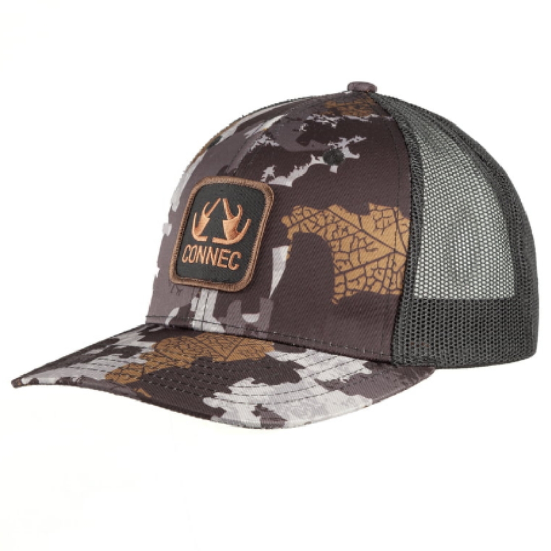 CASQUETTE CONNEC OUTDOORS OUTVISION couleur camo / feuillus brun foncé pâle et beige. Écusson Connec au centre du panneau avant. Panneaux arrières en mesh