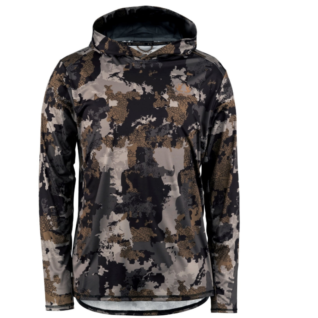 CHANDAIL À CAPUCHON CONNEC OUTDOORS LT DRAFTCAMO Chandail aux motifs camo contenant plusieurs tons de brun. un simple logo minimaliste Connec Outdoors couleur orange en haut à droite.