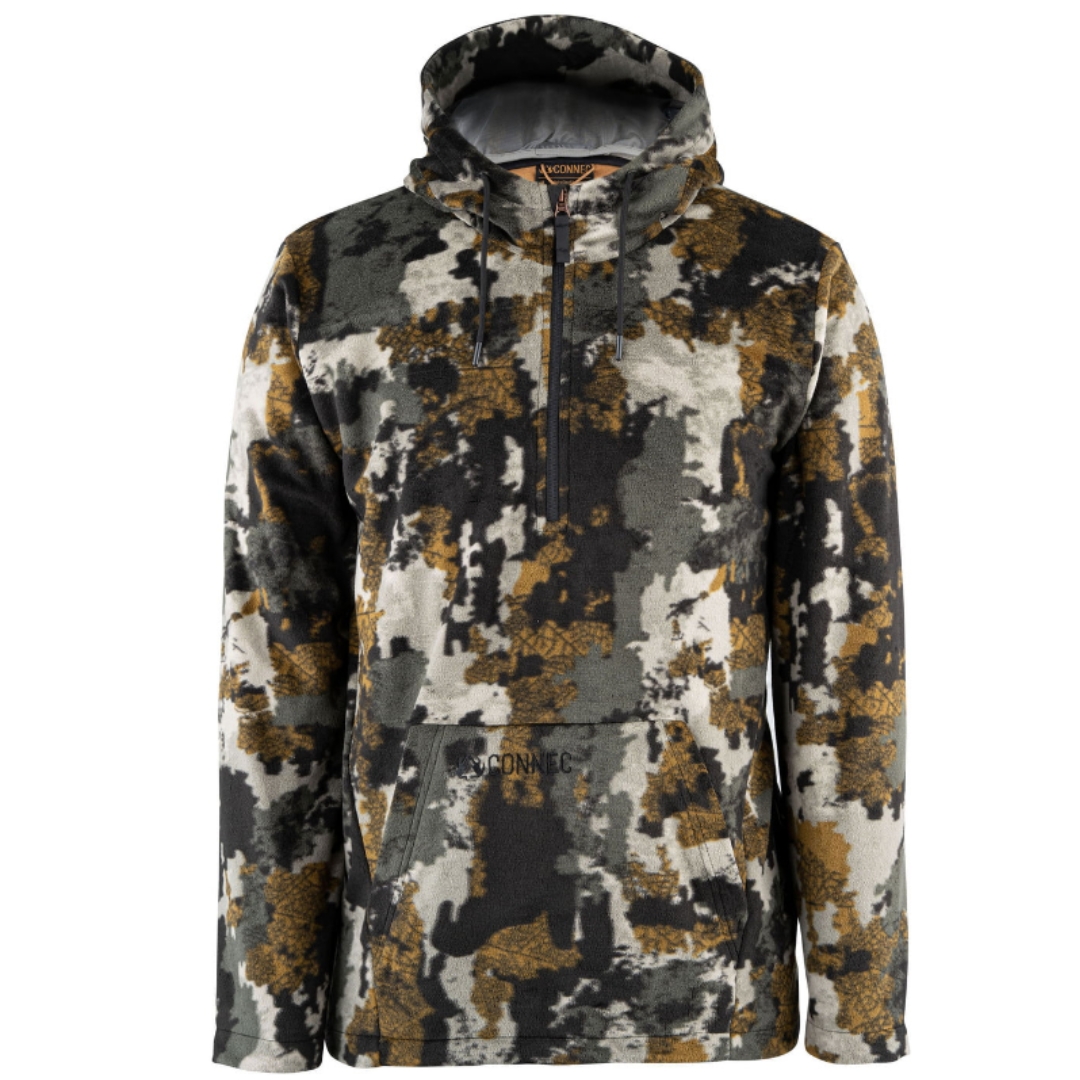 CHANDAIL À CAPUCHON CONNEC OUTDOORS WILDLIFE AUX COULEURS CAMO AU TONT DE BRUN FONCÉ, PÂLE AINSI QUE GRIS FONCÉ ET PÂLE. DEMI ZIP NOIR AU DEVANT ET POCHETTE KANGOORO.