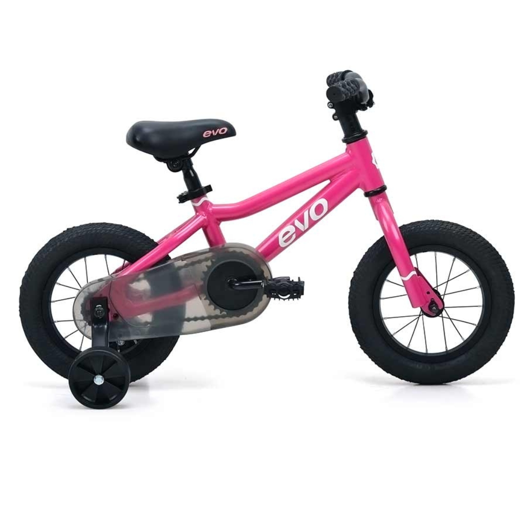 VÉLO POUR ENFANT EVO ROCK RIDGE 12 couleur rose vue de profil du vélo rose lettré blanc