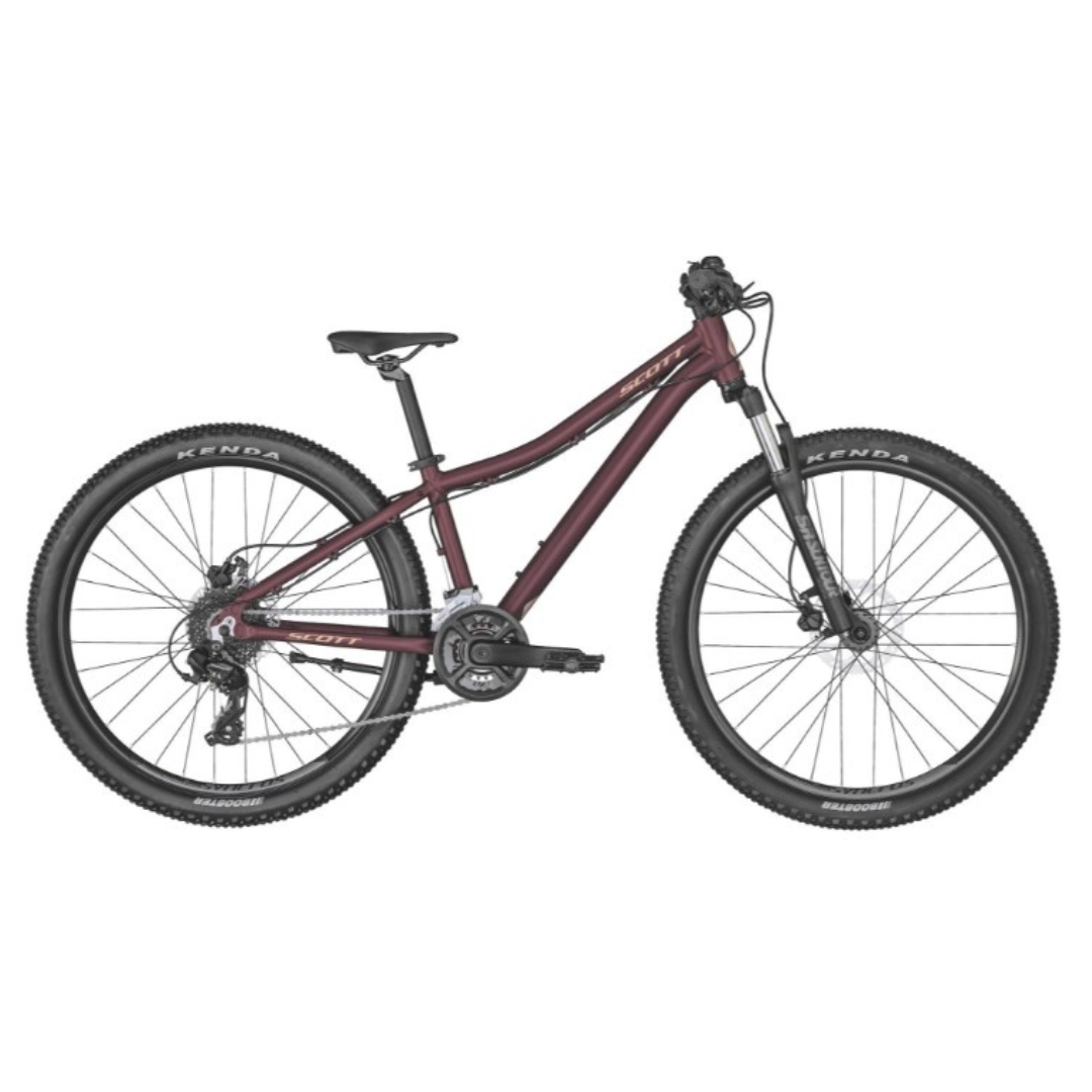 VÉLO JUNIOR SCOTT CONTESSA 26 DISC COULEUR BOURGOGNE VUE DE PROFIL DU VÉLO ROUGE BOURGOGNE LETTRÉ ORANGÉ