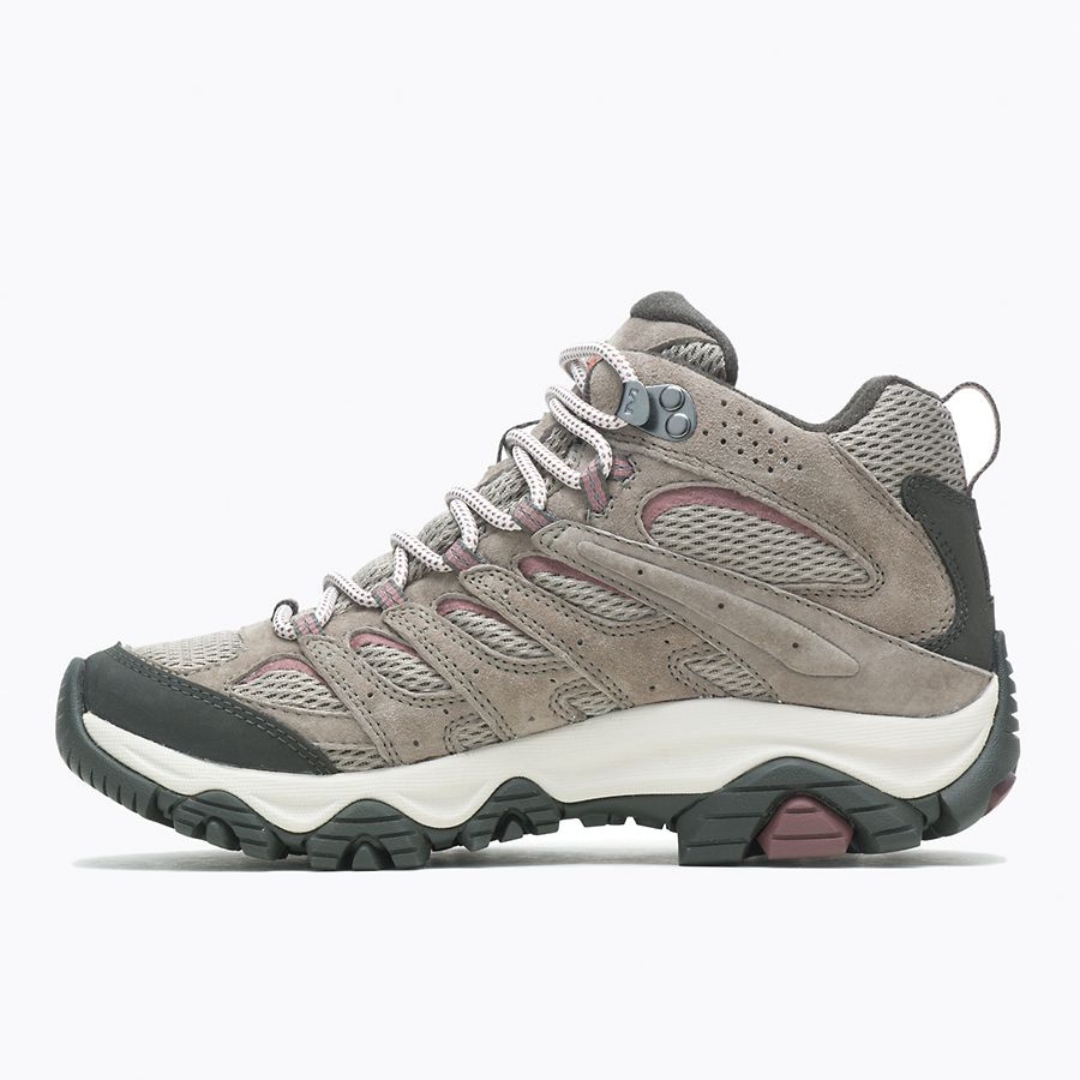 BOTTE DE RANDONNÉE MERRELL MOAB 3 MID IMPERMÉABLE POUR FEMME couleur falcon vue de la botte droite de profil gauche botte de couleur beige avec détails vieux roses