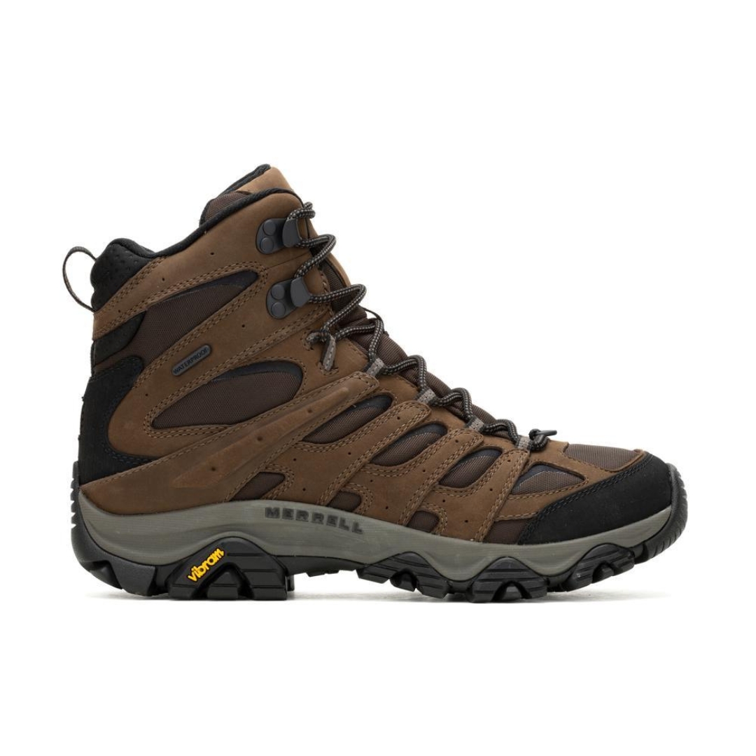 BOTTE IMPERMÉABLE DE RANDONNÉE MERRELL MOAB 3 APEX MID WP POUR homme couleur BRACKEN vue de la botte droite de profil droit, corps de la botte brune avec détail brun plus foncé