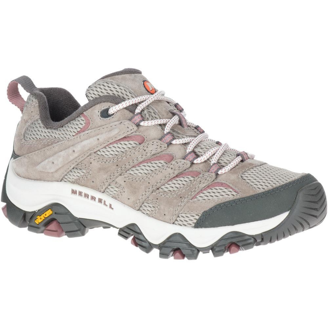 CHAUSSURE DE RANDONNÉE MERRELL MOAB 3 POUR FEMME couleur falcon vu de la chaussure droite de couleur beige avec détail vieux rose de profil droit