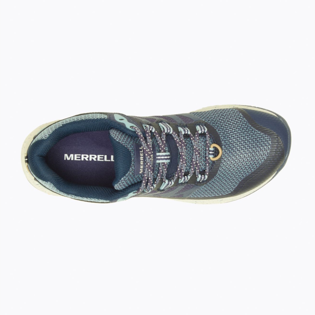 CHAUSSURE DE COURSE SUR SENTIER MERRELL ANTORA 3 POUR FEMME couleur sea vue de la chaussure droite de couleur bleu marine, bleu ciel et blanc du dessus