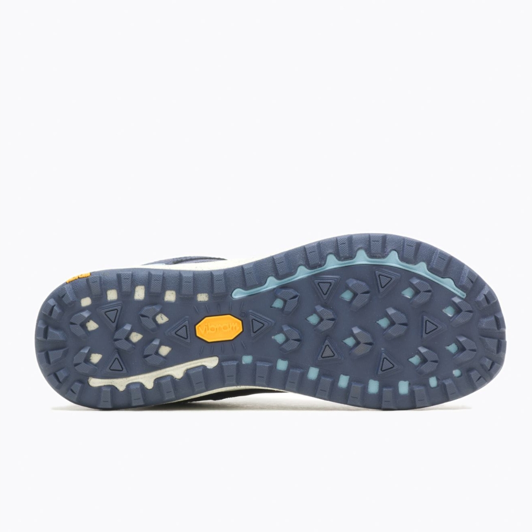 CHAUSSURE DE COURSE SUR SENTIER MERRELL ANTORA 3 POUR FEMME couleur sea vue de la semelle d'usure bleu marine avec détail bleu ciel et blancs