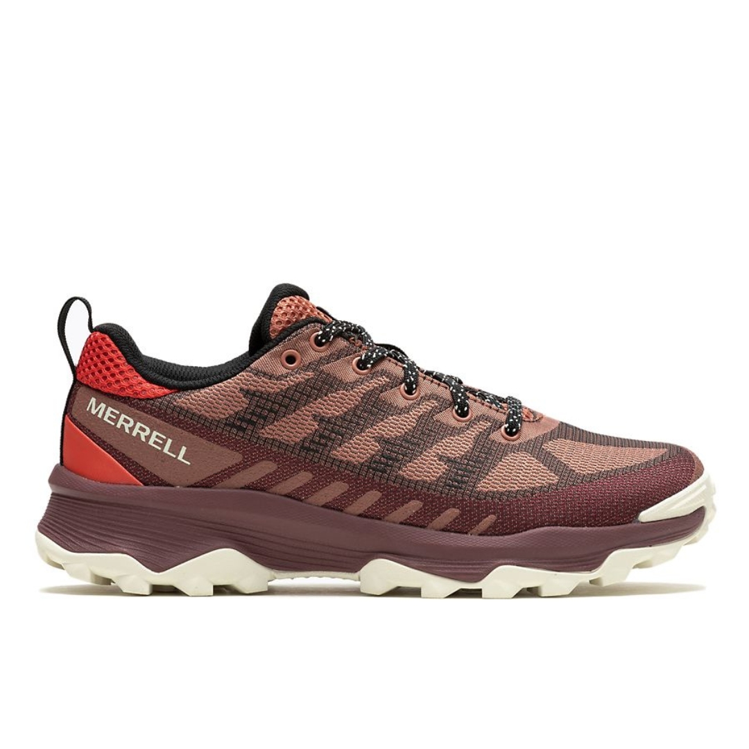 CHAUSSURE DE MARCHE MERRELL SPEED ECO POUR FEMME COULEUR SEDONA/CABERNET VUE DE LA CHAUSSURE DROITE DE COULEUR ROUGE , GRISE, BEIGE ET PÊCHE DE PROFIL DROIT