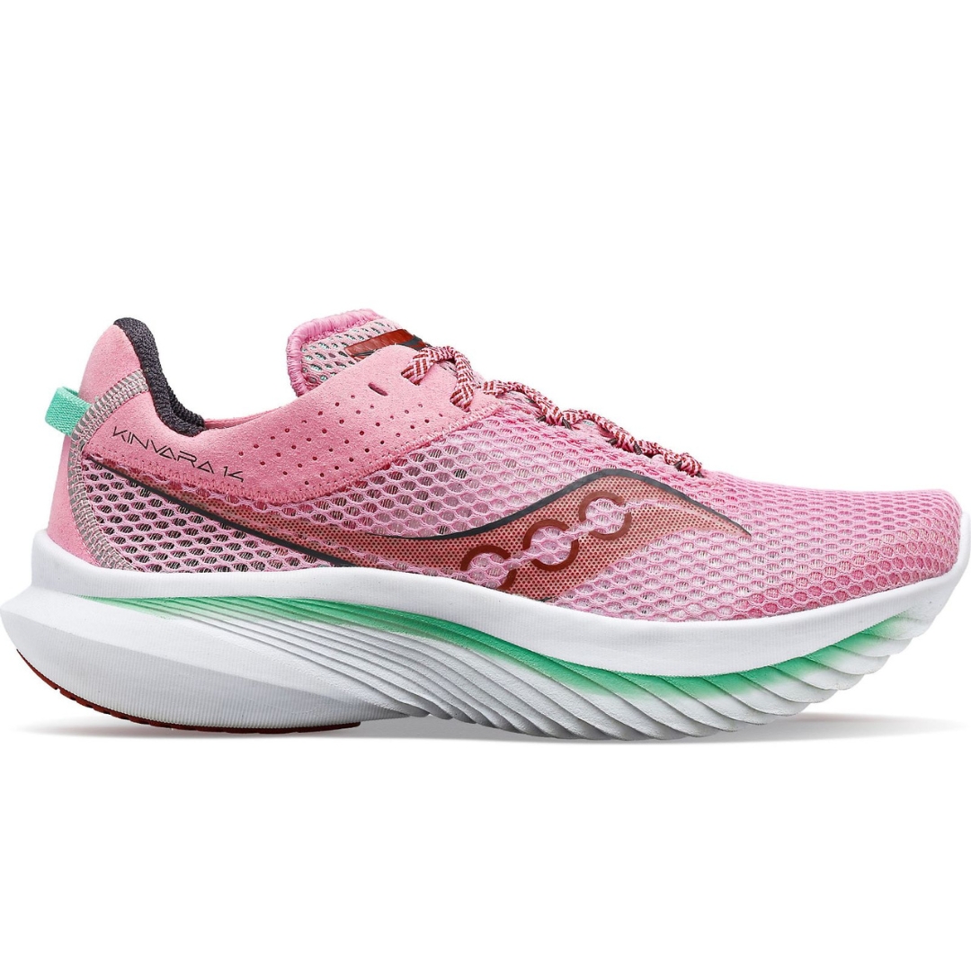 CHAUSSURE DE COURSE SAUCONY KINVARA 14 POUR FEMME COULEUR ROSE VUE DE LA CHAUSSURE DROITE DE COULEUR ROSE, BLANCHE ET VERTE MENTHE DE PROFIL DROIT