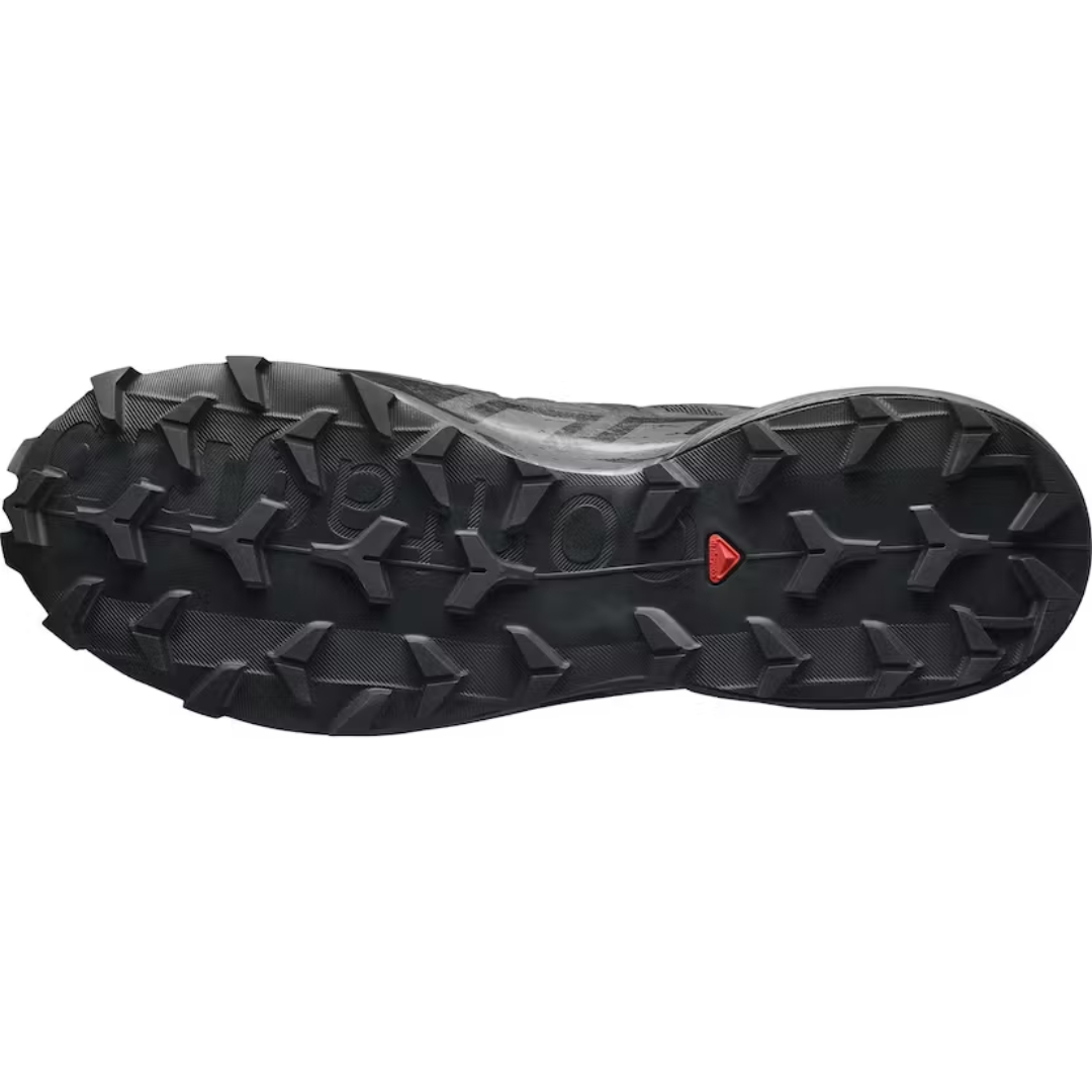 CHAUSSURE DE COURSE SUR SENTIER SALOMON SPEEDCROSS 6 GORE-TEX POUR HOMME COULEUR BLACK/BLACK/PHANTOM VU DE LA CHAUSSURE DROITE DE COULEUR NOIRE VUE DE LA SEMELLE D'USURE