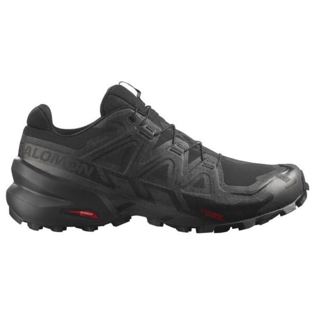 CHAUSSURE DE COURSE SUR SENTIER SALOMON SPEEDCROSS 6 GORE-TEX POUR HOMME COULEUR BLACK/BLACK/PHANTOM VU DE LA CHAUSSURE DROITE DE COULEUR NOIRE DE PROFIL DROIT