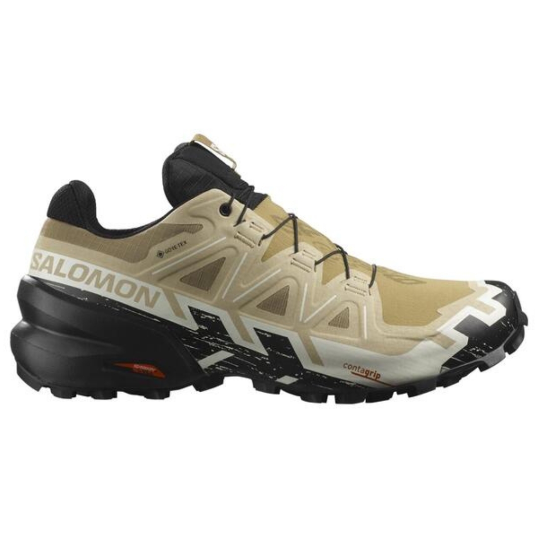 CHAUSSURE DE COURSE SUR SENTIER SALOMON SPEEDCROSS 6 GORE-TEX POUR HOMME COULEUR KELP/BLACK/VANILLA ICE VU DE LA CHAUSSURE DROITE DE COULEUR NOIRE ET BEIGE 2 TONS DE PROFIL DROIT