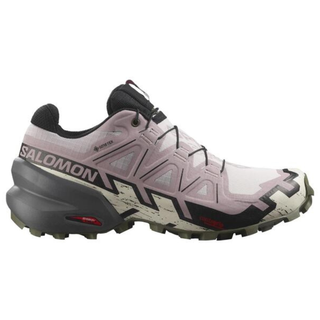 CHAUSSURE DE COURSE SUR SENTIER SALOMON SPEEDCROSS 6 GORE-TEX POUR FEMME COULEUR ASHES OF ROSES VUE DE LA CHAUSSURE DROITE DE COULEUR VIEUX ROSE, BLANCHE ET GRISE DE PROFIL DROIT
