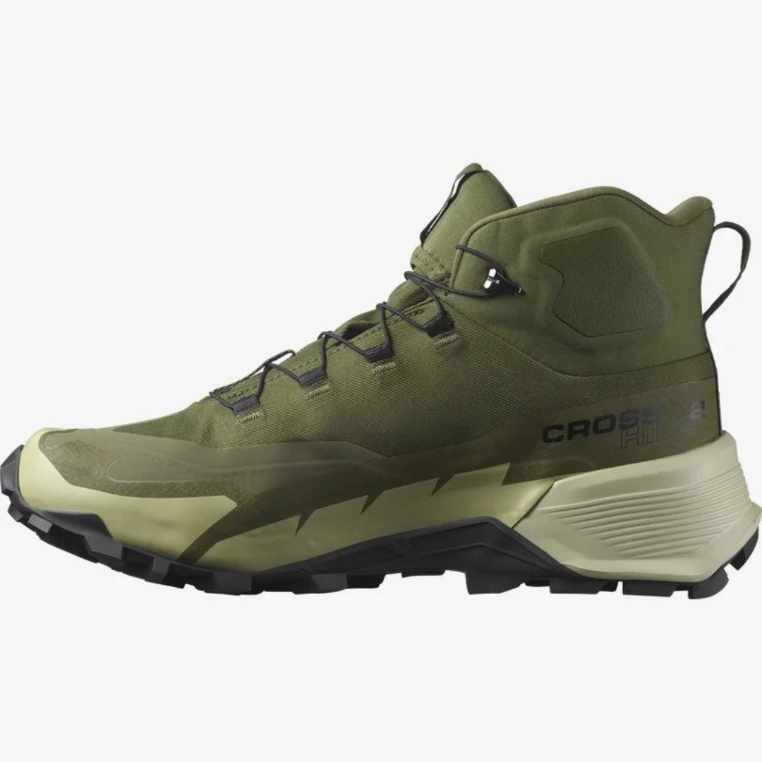 BOTTE DE RANDONNÉE SALOMON CROSS HIKE MID GORE-TEX 2 POUR HOMME couleur Olive Night / Moss Gray / Black vue de la botte droite de couleur vert olive et verte pale et noire de profil gauche