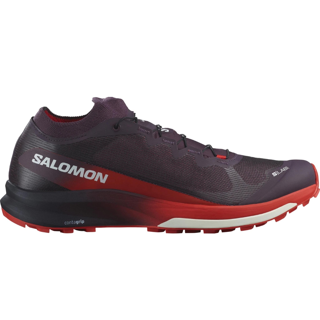 CHAUSSURE DE COURSE SUR SENTIER SALOMON S/LAB ULTRA 3 V2 UNISEXE ADULTE couleur Plum Perfect / Fiery Red / Whitevue de la chaussure droite de couleur violet, rouge et blanc e profi ldroit