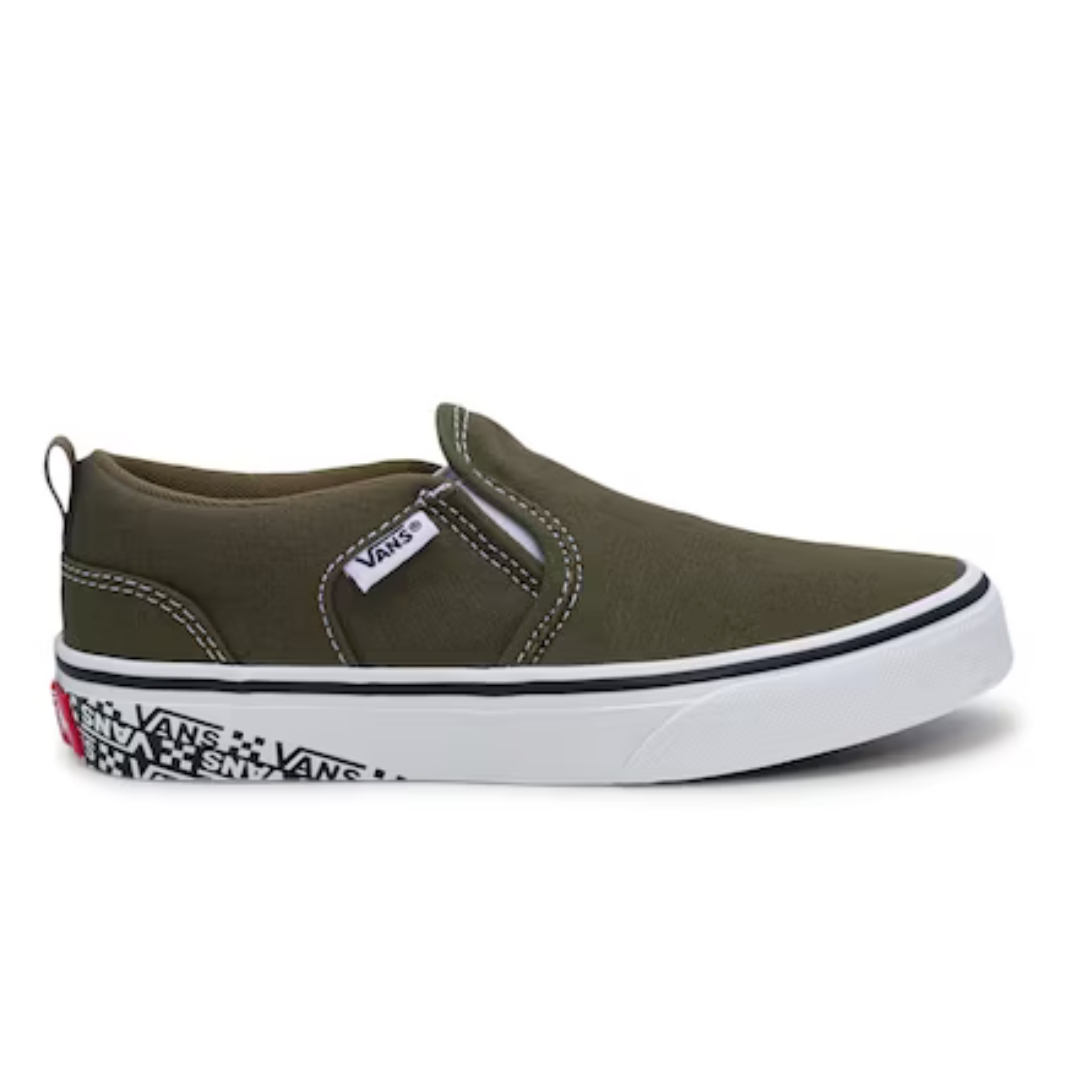 CHAUSSURE URBAINE VANS B ASHER POUR GARÇON couleur DOL-DARK OLIVE vue de la chaussure droite de couleur verte olive et blanche de profil droit