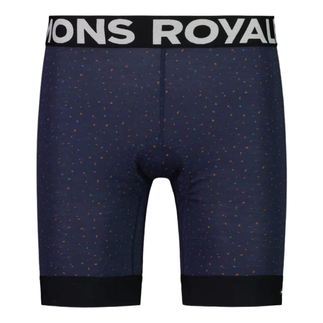 DOUBLURE COURTE MONS ROYALE ENDURO BIKE POUR FEMME couleur MIDNIGHT TERRAZZO vu du short marin à imprimé brun et bleu pale et bande noires de face