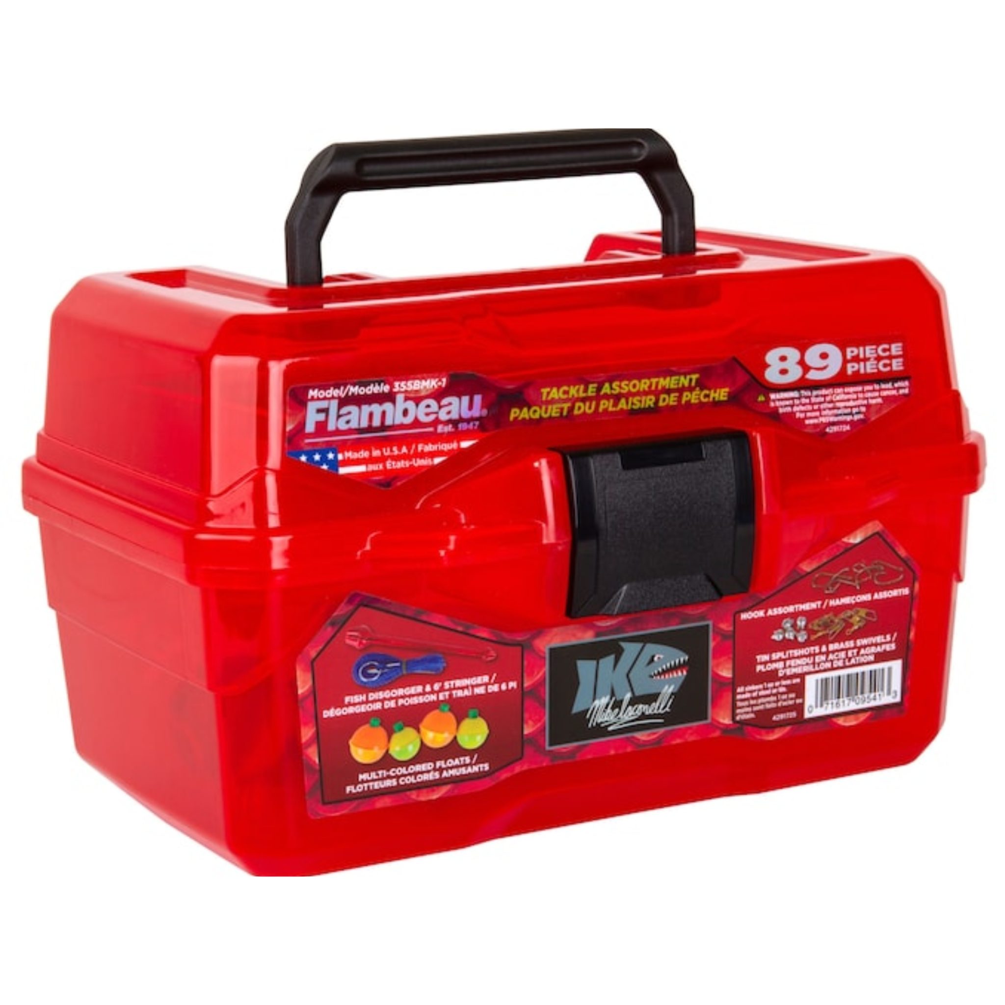 COFFRE À PÊCHE FLAMBEAU OUTDOORS IKE BIG MOUNTH TACKLE couleur ROUGE 89 PIECES la dimensions : 8.75 L x 6.5 L x 5.25 D in. Poignée de transport et barrure du coffre de couleur noire.