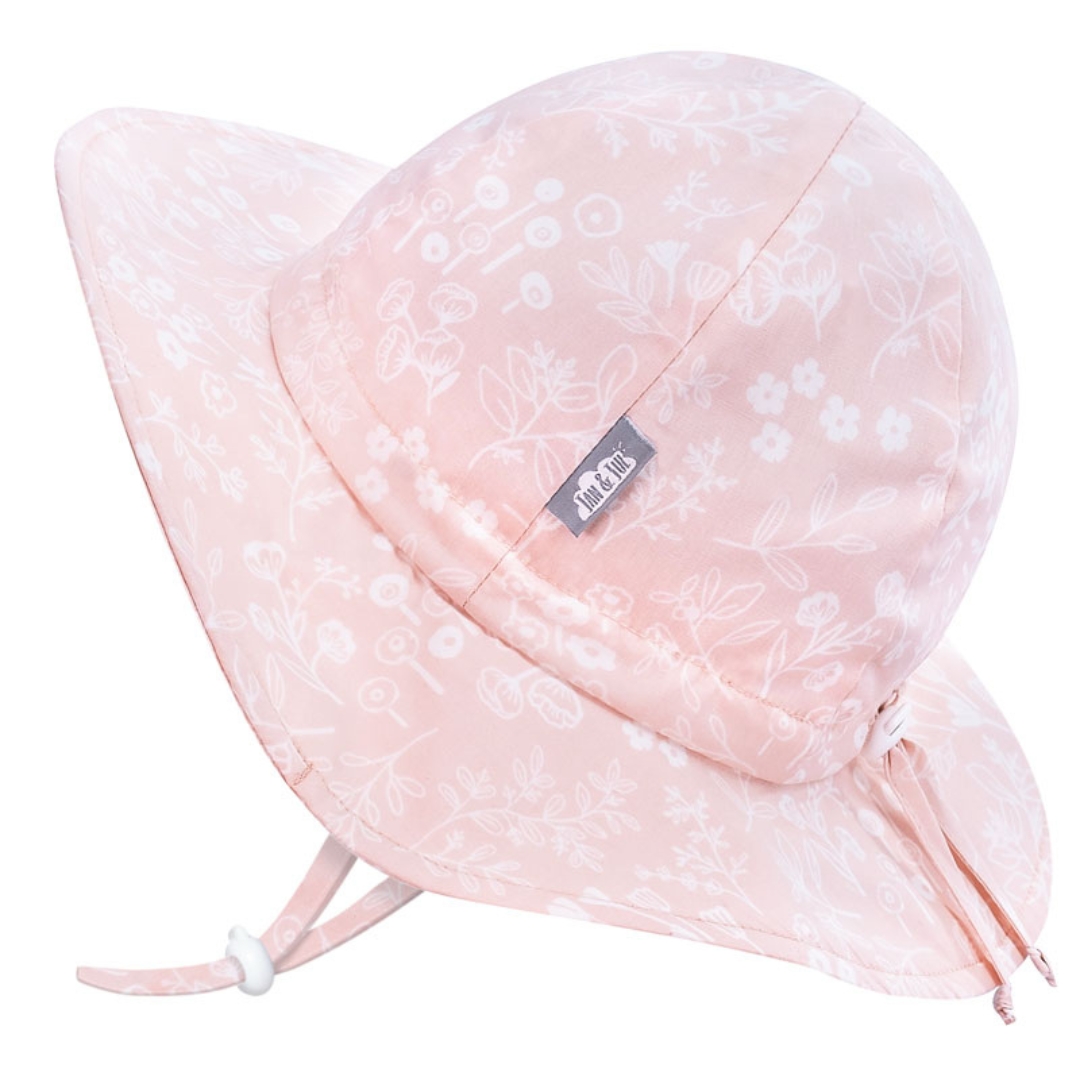CHAPEAU DE SOLEIL JAN & JUL FLOPPY EN COTON POUR ENFANT COULEUR PRAIRIE FLOWERS VU DU CHAPEAU ROSE A IMPRIMÉ DE FLEURS BLANCHES