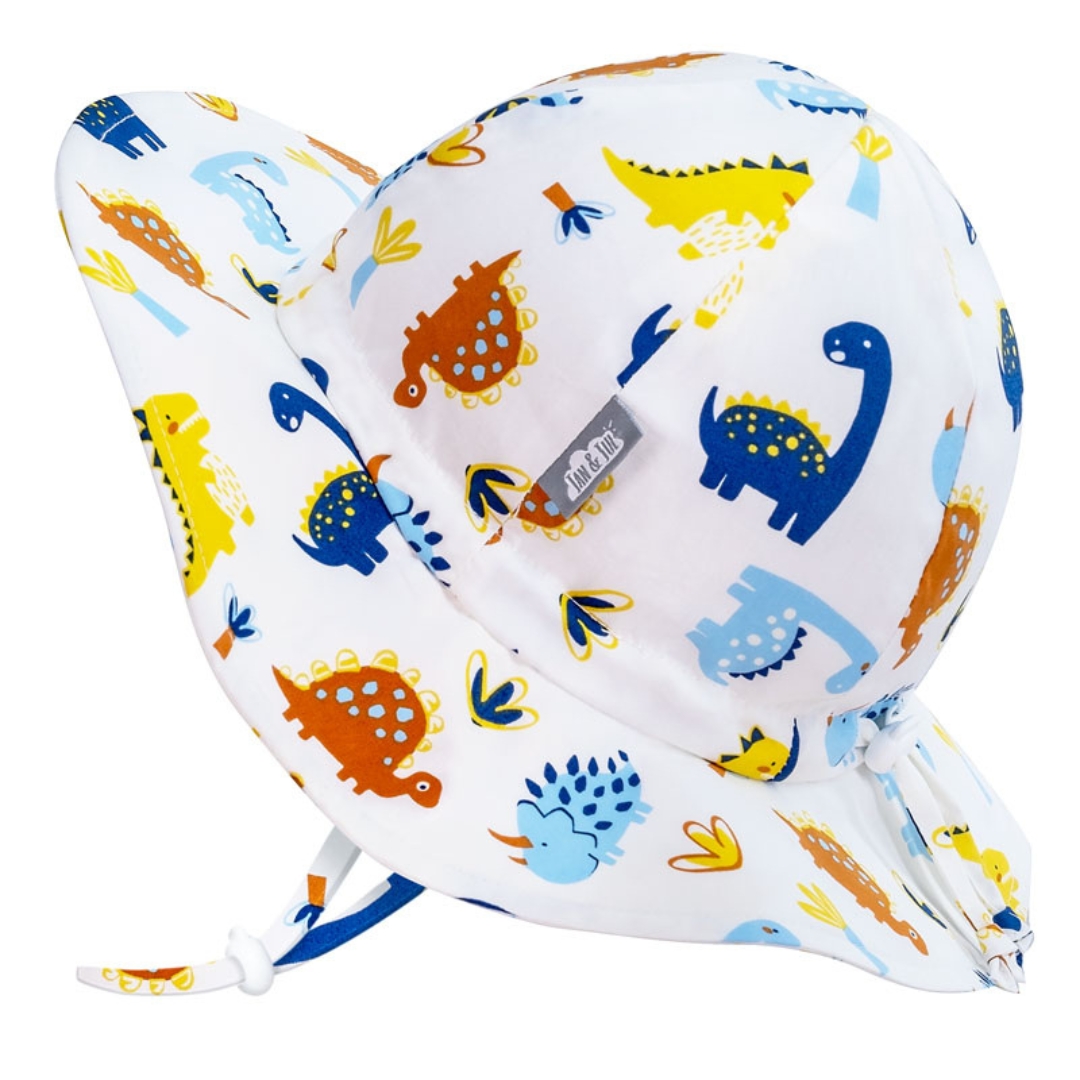 CHAPEAU DE SOLEIL JAN & JUL FLOPPY EN COTON POUR ENFANT COULEUR DINO KID VU DU CHAPEAU BLANC AVEC DINOSORES IMPRIMÉS