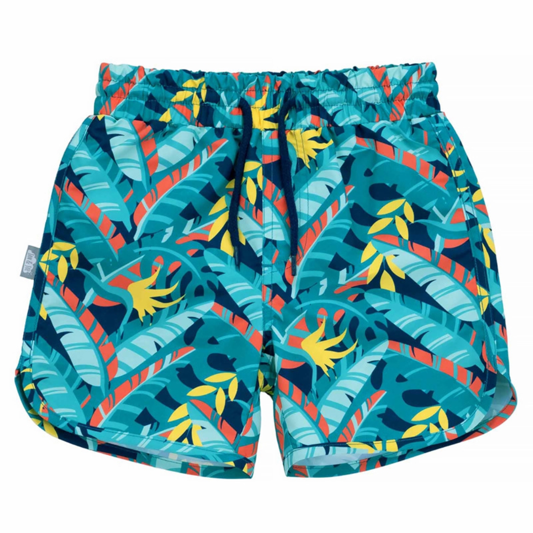 SHORT DE BAIGNADE JAN & JUL UV SUN & SPLASH POUR ENFANT couleur tropical vu du short à imprimé tons de bleu, orange, jaune et noir de face