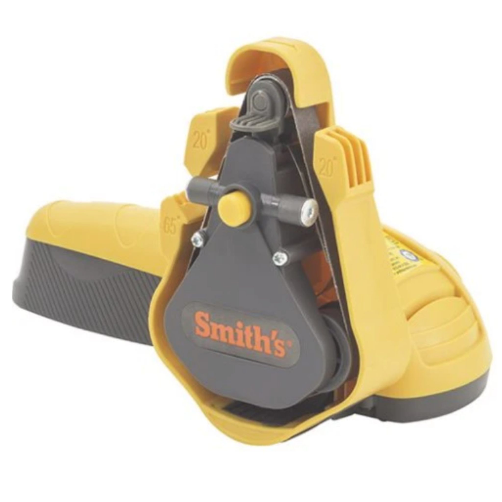 L'affûteuse électrique Smith's pour couteaux et ciseaux, conçue pour rendre l'affûtage facile et convivial. Profitez des 3 bandes abrasives (fine, moyenne et épaisse) incluses dans l'aiguiseur de couteaux et de ciseaux Smith's. Couleur jaune et grise avec logo Smith's de couleur orange.