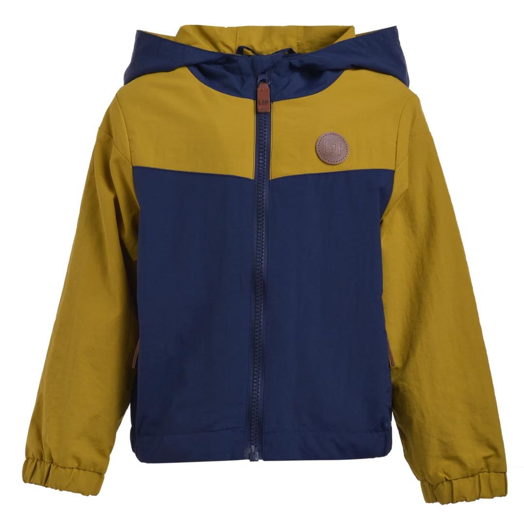 MANTEAU MI SAISON DOUBLÉ EN COTON L & P VEGAS POUR BÉBÉ GARÇON couleur marine vu du manteau bleu marine et jaune ocre de face