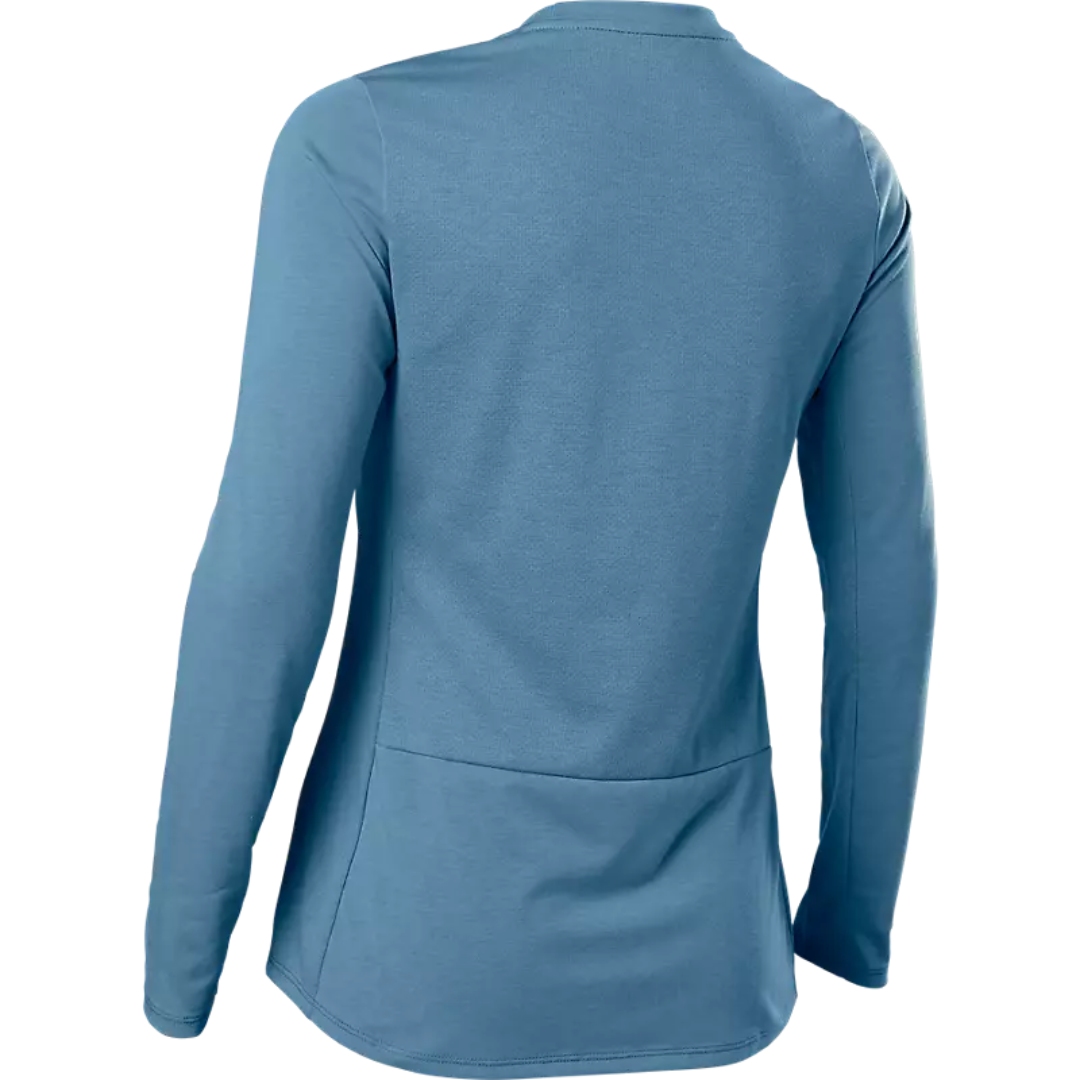 CHANDAIL À MANCHES LONGUES DE VÉLO DE MONTAGNE FOX RANGER DRIRELEASE POUR FEMME COULEUR DUSTY BLUE VUE DU CHANDAIL BLEU DE DOS