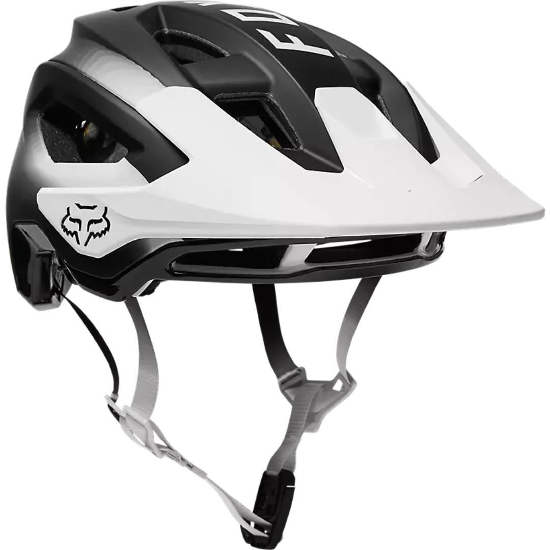 CASQUE DE VÉLO DE MONTAGNE FOX SPEEDFRAME PRO couleur black vu du casque noir, blanc avec détails rouge de profil avant droit