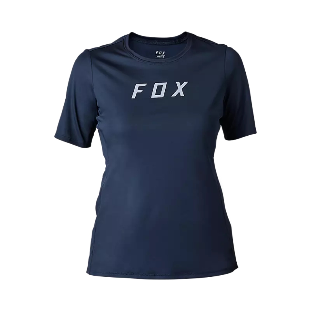 CHANDAIL DE VÉLO DE MONTAGNE À MANCHES COURTES FOX RANGER MOTH POUR FEMME COULEUR MIDNIGHT BLUE VU DU CHANDAIL BLEU MARIN AVEC DÉTAIL GRIS VU DE FACE