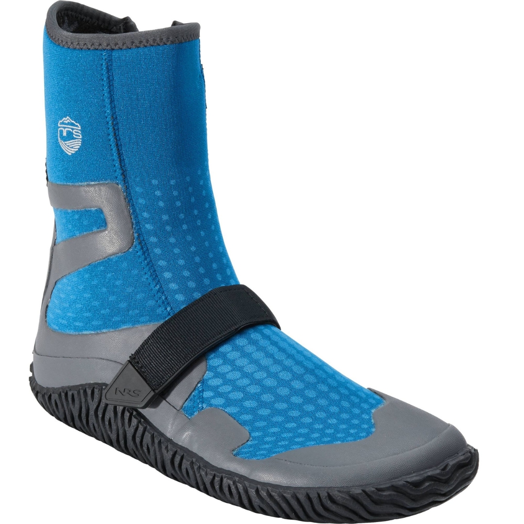 BOTTE EN NÉOPRÈNE NRS PADDLE WETSHOE POUR FEMME couleur posseidon vue de la botte bleue, grise et noire de profil avant droit