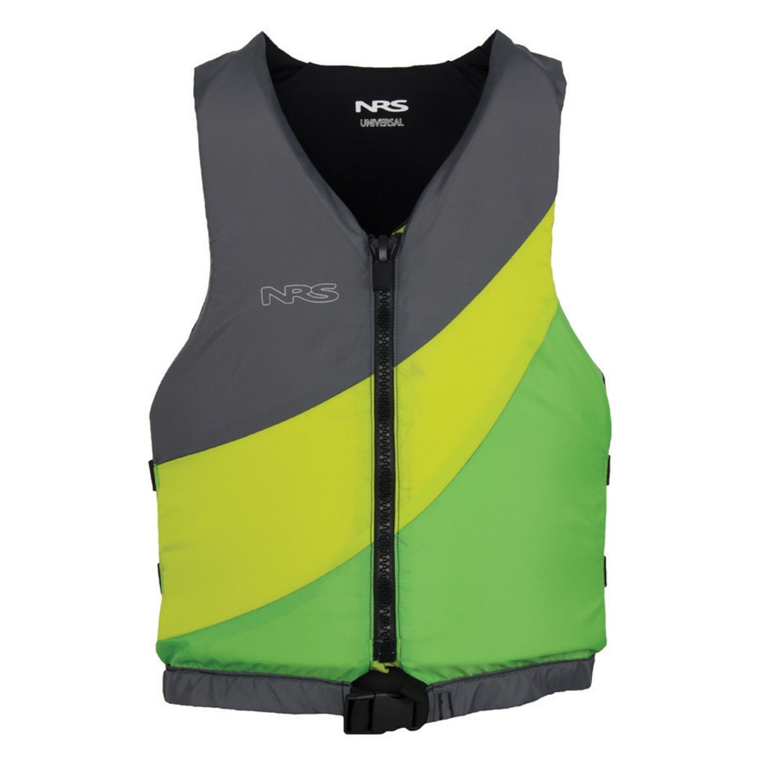 VESTE DE FLOTTAISON NRS CREW UNIVERSAL POUR ADULTE couleur green/gray vue de la veste verte, jaune et grise de face