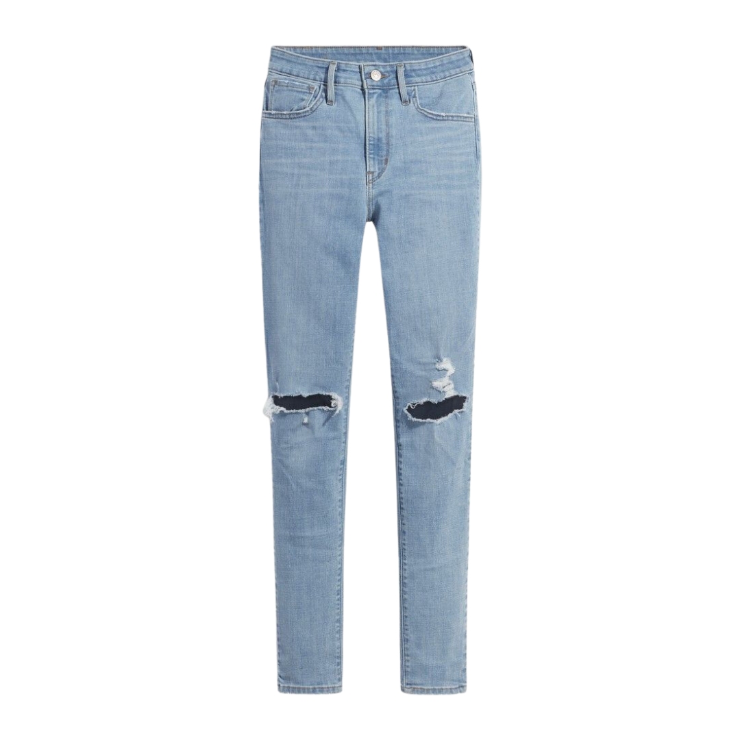 JEAN LEVI'S 721 HIGH RISE SKINNY POUR FEMME couleur 0522-LAPIS LINK vu du jean bleu pale avec trous aux genoux de face