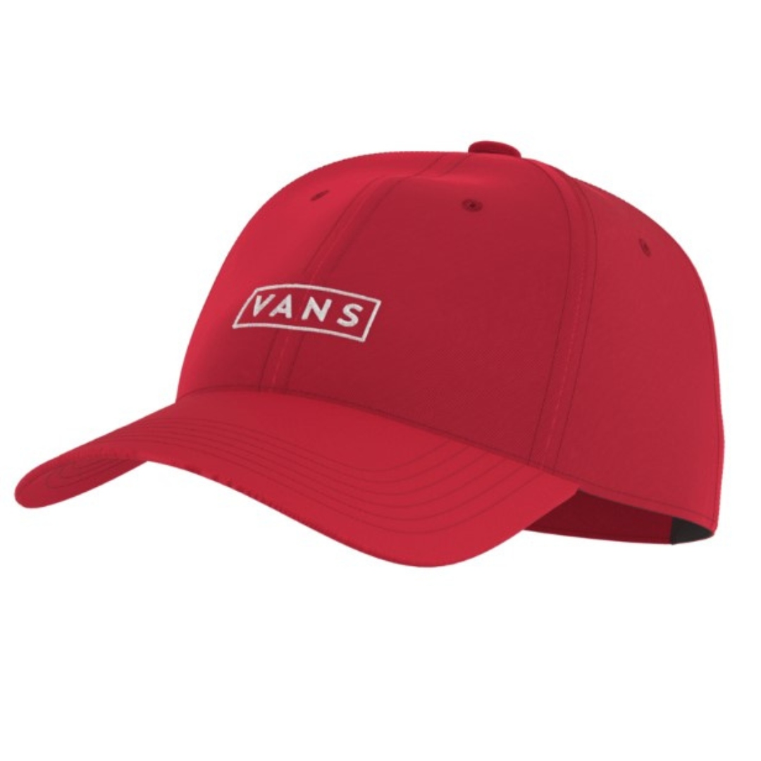 CASQUETTE VANS CURVED BILL JOCKEY POUR ADULTE couleur 0PZ-TRUE RED vue de la casquette rouge à broderie blanche de profil avant gauche
