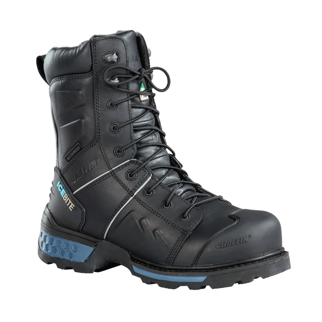 BOTTE D'HIVER DE SÉCURITÉ BAFFIN ICE MONSTER POUR HOMME vu de la botte droite de couleur noire avec détails bleu et gris de profil droit avant