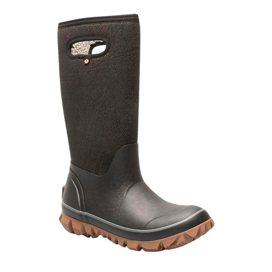BOTTE D'HIVER BOGS WHITEOUT FADED POUR FEMME couleur 001-black vu de la botte droite de couleur noire avec semelle couleur gum de profil avant droit