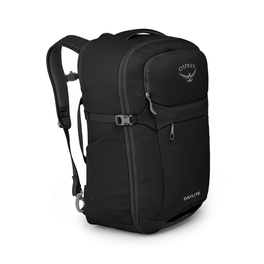 SAC À DOS DE VOYAGE OSPREY DAYLITE CARRY-ON TRAVEL PACK 44 couleur black vu du sac noir de profil avant droit bretelle visible à l'arrière