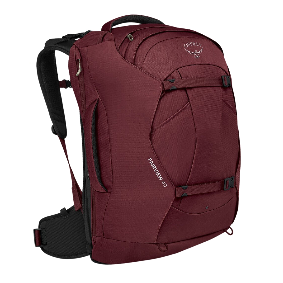 SAC À DOS OSPREY FAIRVIEW 40 couleur ZIRCON RED vu du sca à dos rouge brique vu de profil avant droit