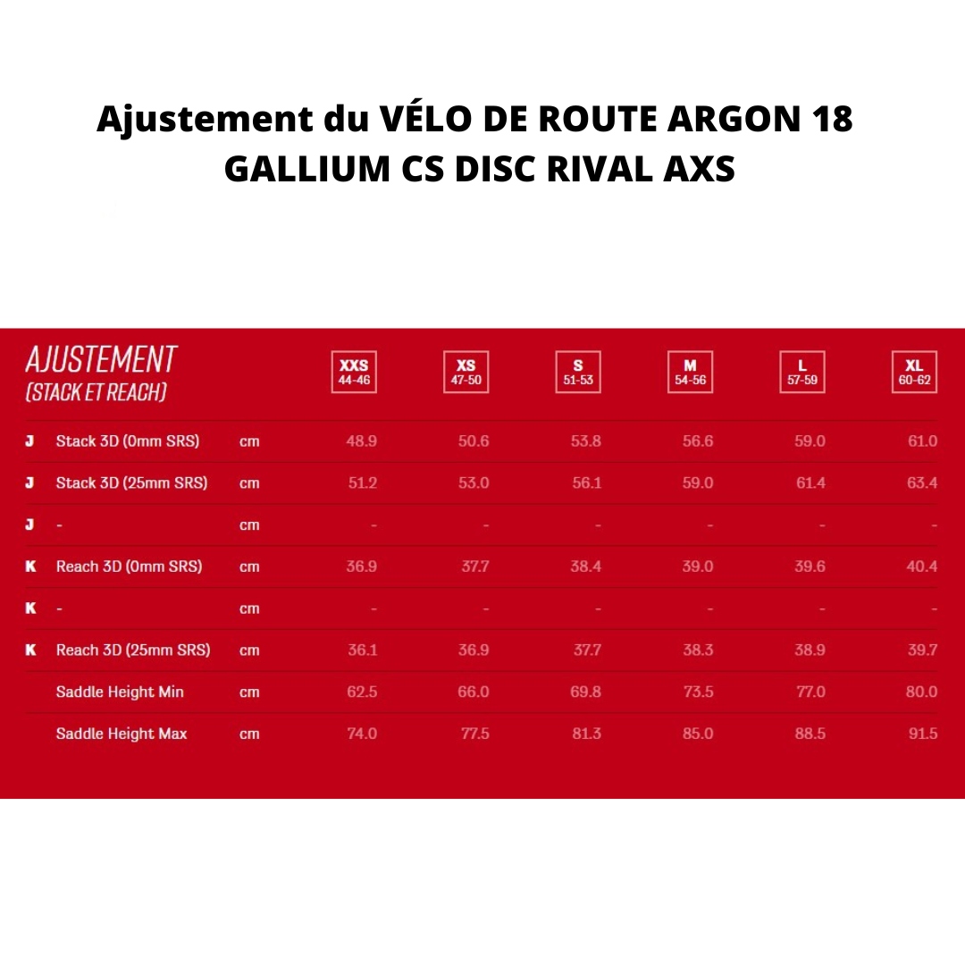 VÉLO DE ROUTE ARGON 18 GALLIUM CS DISC RIVAL AXS couleur SILVER/BLACK vu tableau des ajustements