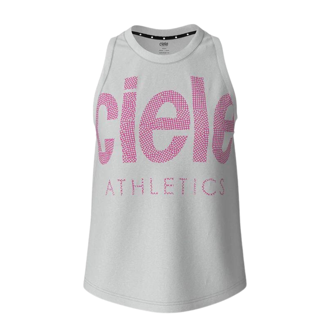 CAMISOLE D'ENTRAINEMENT CIELE ATHLETICS WNSBTANK BOLD ATHLETICS POUR FEMME couleur WH001-MARS ONEvue de la camisole blanche léttrée rose deface