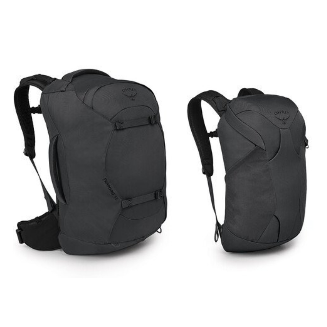 SAC DE VOYAGE OSPREY FARPOINT 55 POUR HOMME COULEUR TUNNEL VISION GREY VU DES DEUX SACS CÔTE À COTE