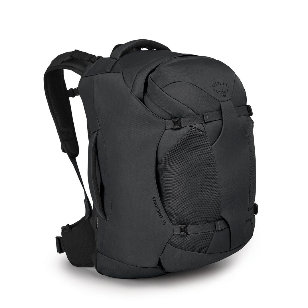 SAC DE VOYAGE OSPEYR FARPOINT 55 POUR HOMME COULEUR TUNNEL VISION GREY VU DU SAC GRIS FONCÉ DE PROFIL AVANT DROIT