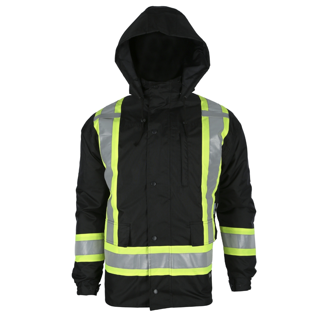 MANTEAU HAUTE VISIBILITÉ POUR LE TRAVAIL VIKING 6328J 7 EN 1 POUR HOMME couleur noir vu du manteau noir avec son capuchon de face