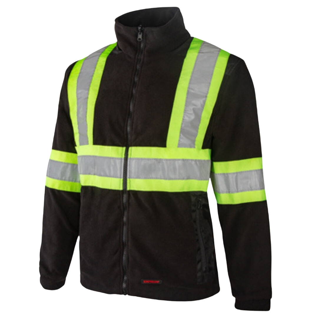 MANTEAU HAUTE VISIBILITÉ KINGTREADS EN POLAR POUR HOMME COULEUR NOIR VU DU MANTEAU NOIR AVEC BANDE JAUNE FLUO DE FACE