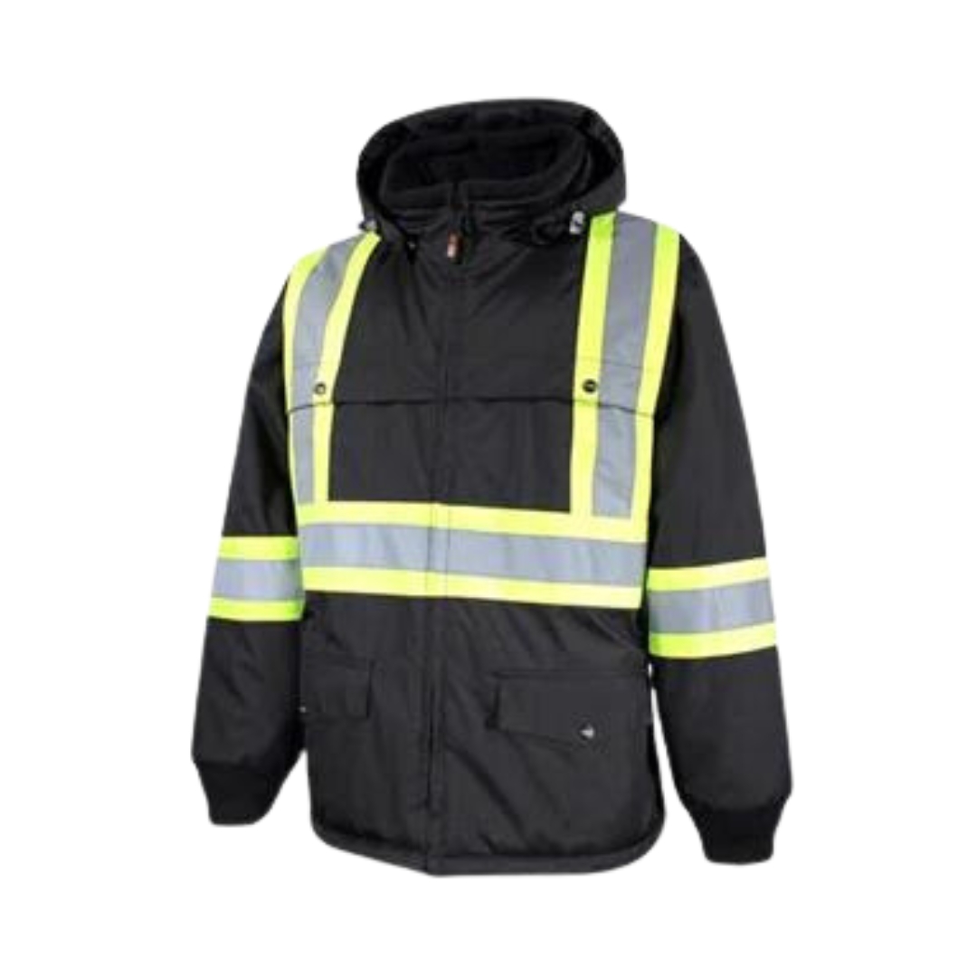 MANTEAU DE TRAVAIL IMPERMÉABLE KINGTREADS HAUTE VISIBILITÉ POUR HOMME COULEUR NOIR VU DU MANTEAU NOIR AVEC BANDE HAUTE VISIBILITÉ JAUNE DE FACE