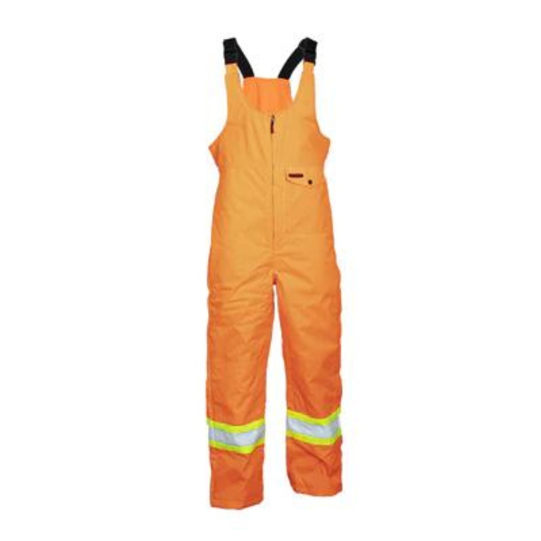 SALOPETTE IMPERMÉABLE POUR LE TRAVAIL KINGTREADS HAUTE VISIBILITÉ POUR HOMME COULEUR ORANGE VU DE LA SALOPETTE ORANGE FLUO AVEC BANDE HAUTE VISIBILITÉ DE FACE