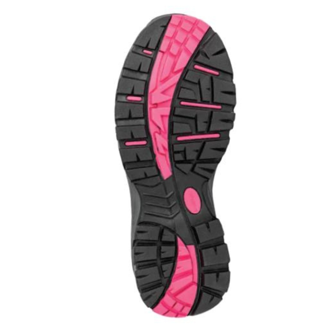 SOULIER DE SÉCURITÉ KINGTREADS KENORA POUR FEMME couleur gris vu de la semelle d,usure noire et rose