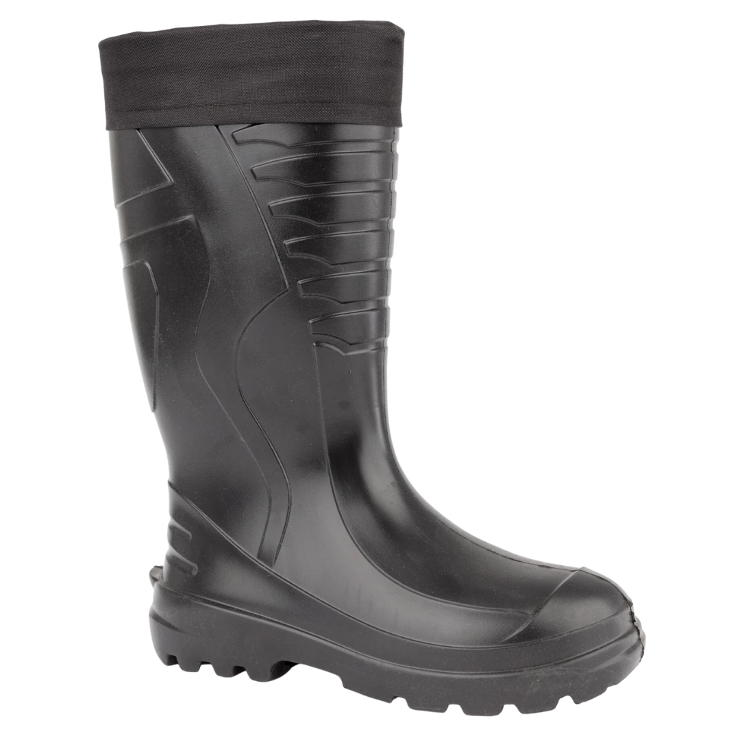 BOTTE IMPERMÉABLE TRACKER HIGHLANDER EVA POUR HOMME COULEUR NOIR VUE DE LA BOTTE DROITE ENTIÈREMENT NOIRE DE PROFIL DROIT